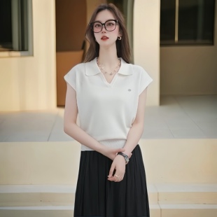 2025韩系冰丝短袖polo衫女性短款针织蓝色小飞袖坎肩无袖修身上衣