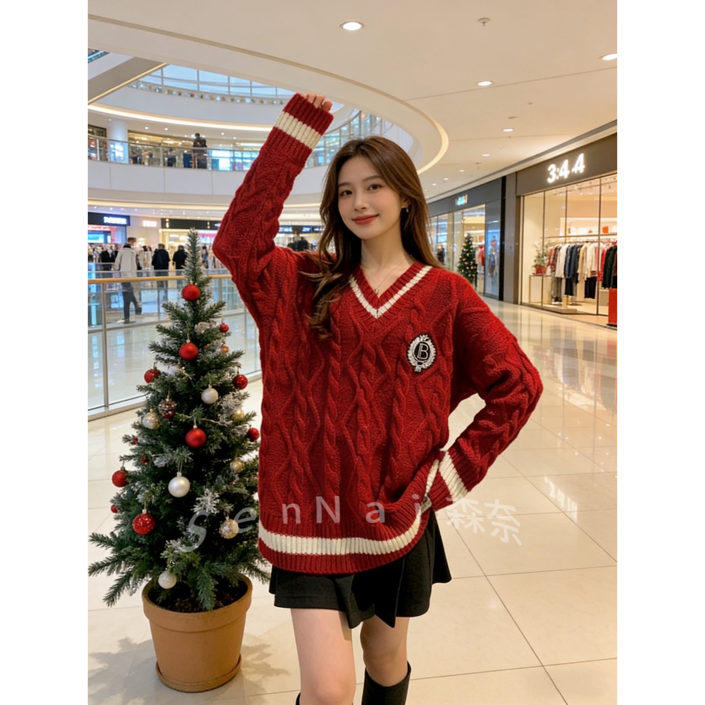 圣诞学院红色新款麻花毛衣宽松中长款套头慵懒秋冬针织衫外穿上衣