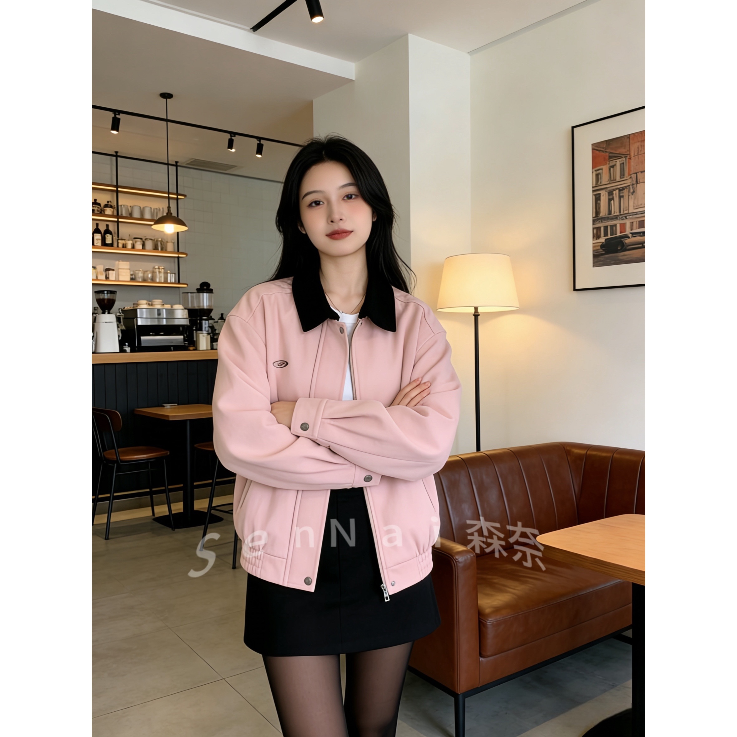 超好看独特粉色翻领外套女