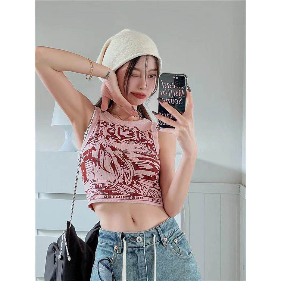 美式复古工字小背心吊带女夏季甜辣外穿粉色辣妹无袖短款运动上衣