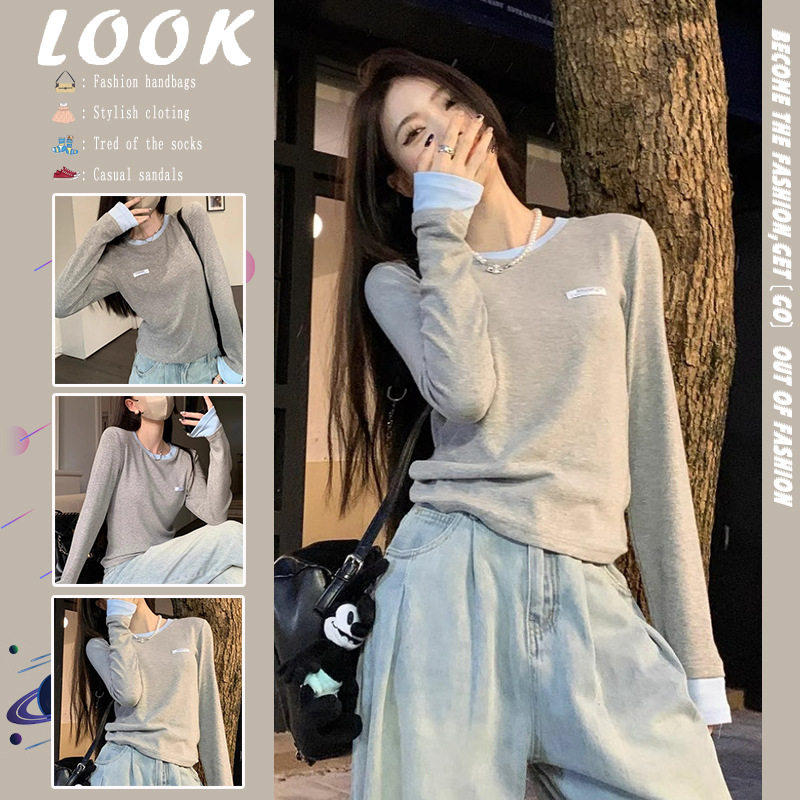 圆领撞色边打底衫长袖T恤女秋季小个子修身显瘦气质甜美时尚上衣