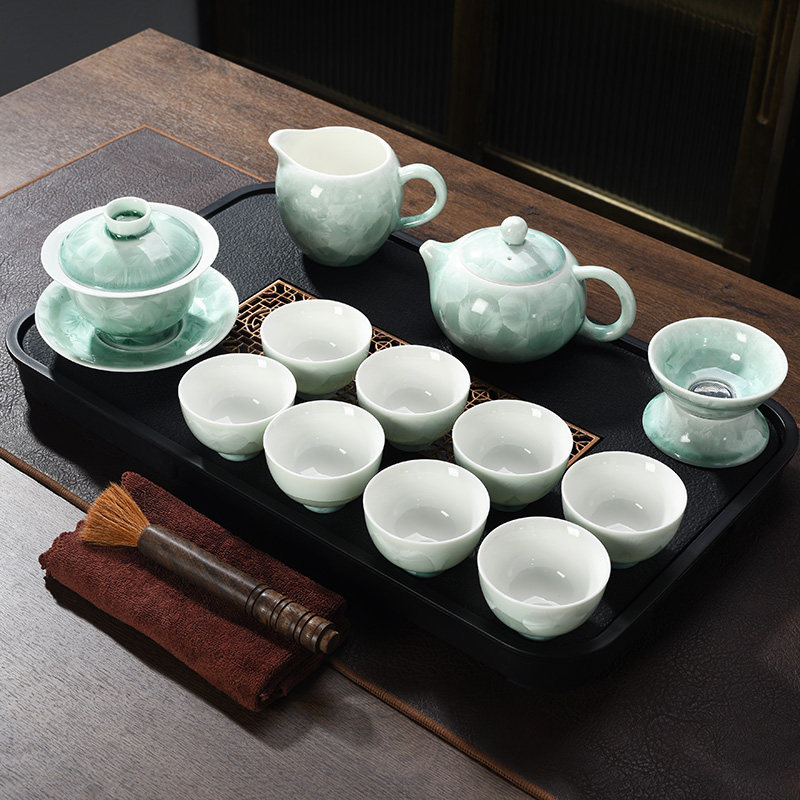 结晶釉功夫茶具套组青色开 片冰花家用客厅办公室会客陶瓷西施壶