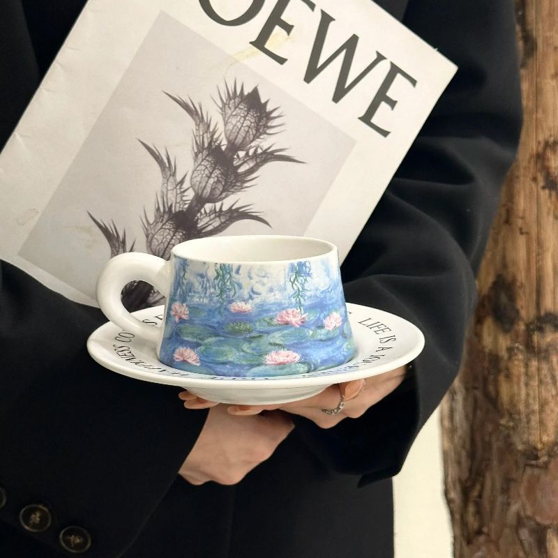 原创设计感莫奈名画睡莲咖啡杯碟套装下午茶拿铁牛奶杯复古陶瓷杯