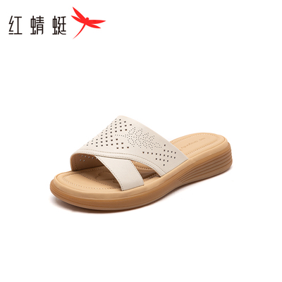 红蜻蜓妈妈拖鞋2025夏季新款女鞋真皮软底中老年凉拖鞋外穿一字拖
