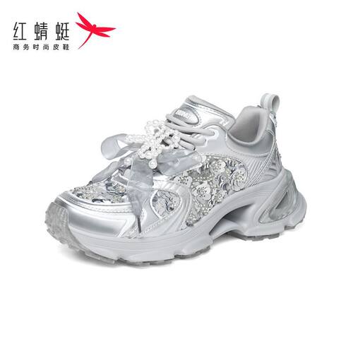 红蜻蜓老爹鞋女夏季时尚百搭银色亮片休闲鞋女厚底增高运动鞋女