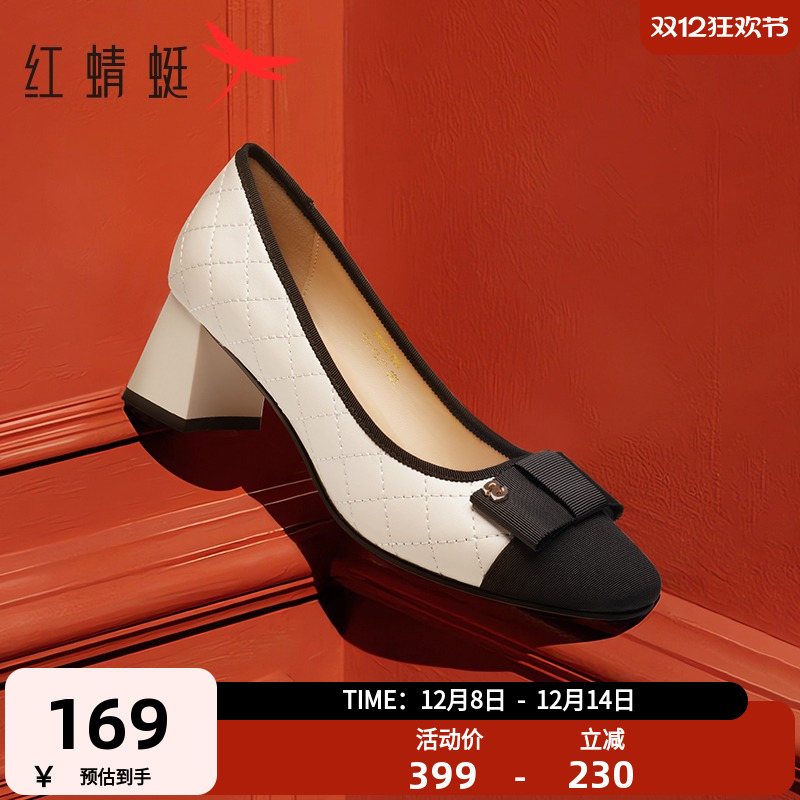 红蜻蜓单鞋小香风蝴蝶结粗跟