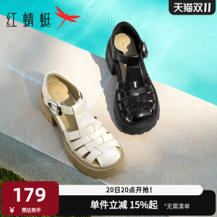 2025夏季 外穿包头镂空凉鞋 新款 增高猪笼鞋 女鞋 红蜻蜓厚底罗马凉鞋