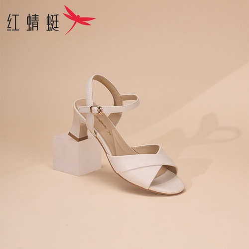 红蜻蜓女鞋舒适粗跟鞋子夏季时尚通勤一字带外穿凉鞋女KX5120701