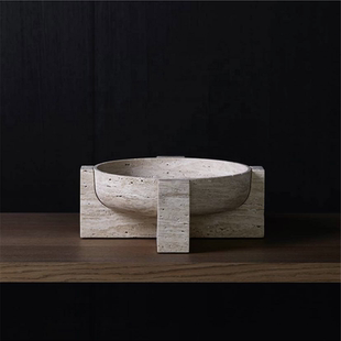 侘寂风天然大理石米白洞果盘样板间客厅玄关民宿收纳装饰托盘摆件