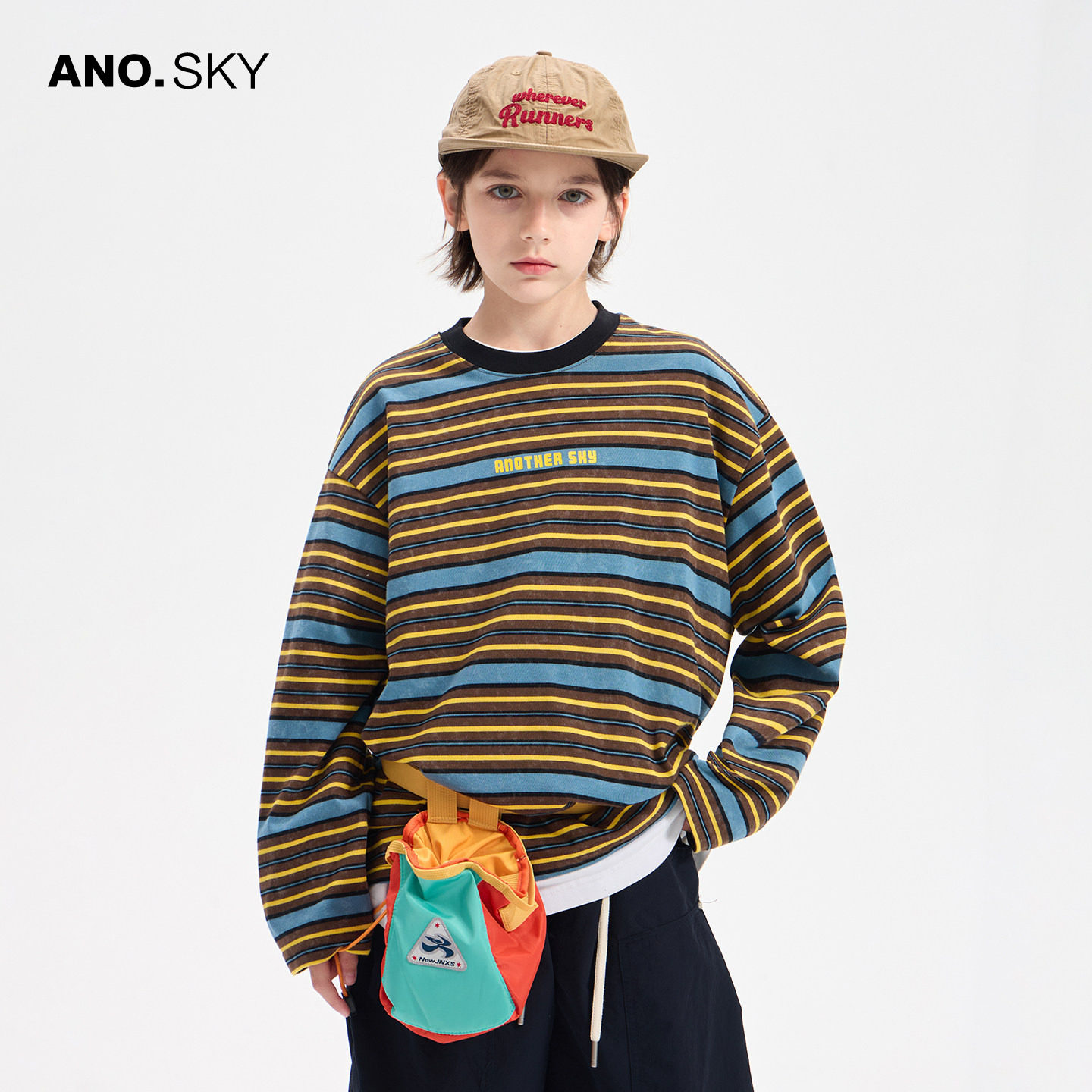 anothersky 男大童春秋季运动打底衫t恤2026新款儿童秋装条纹上衣