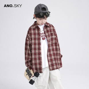 anothersky 男童春秋洋气红色格子花衬衫2026新款儿童秋装套装