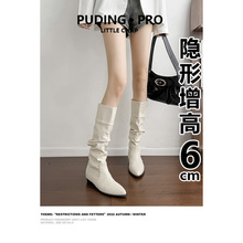 牛皮版内增高堆堆靴女秋冬季2025新款小个子西部牛仔靴长筒骑士靴