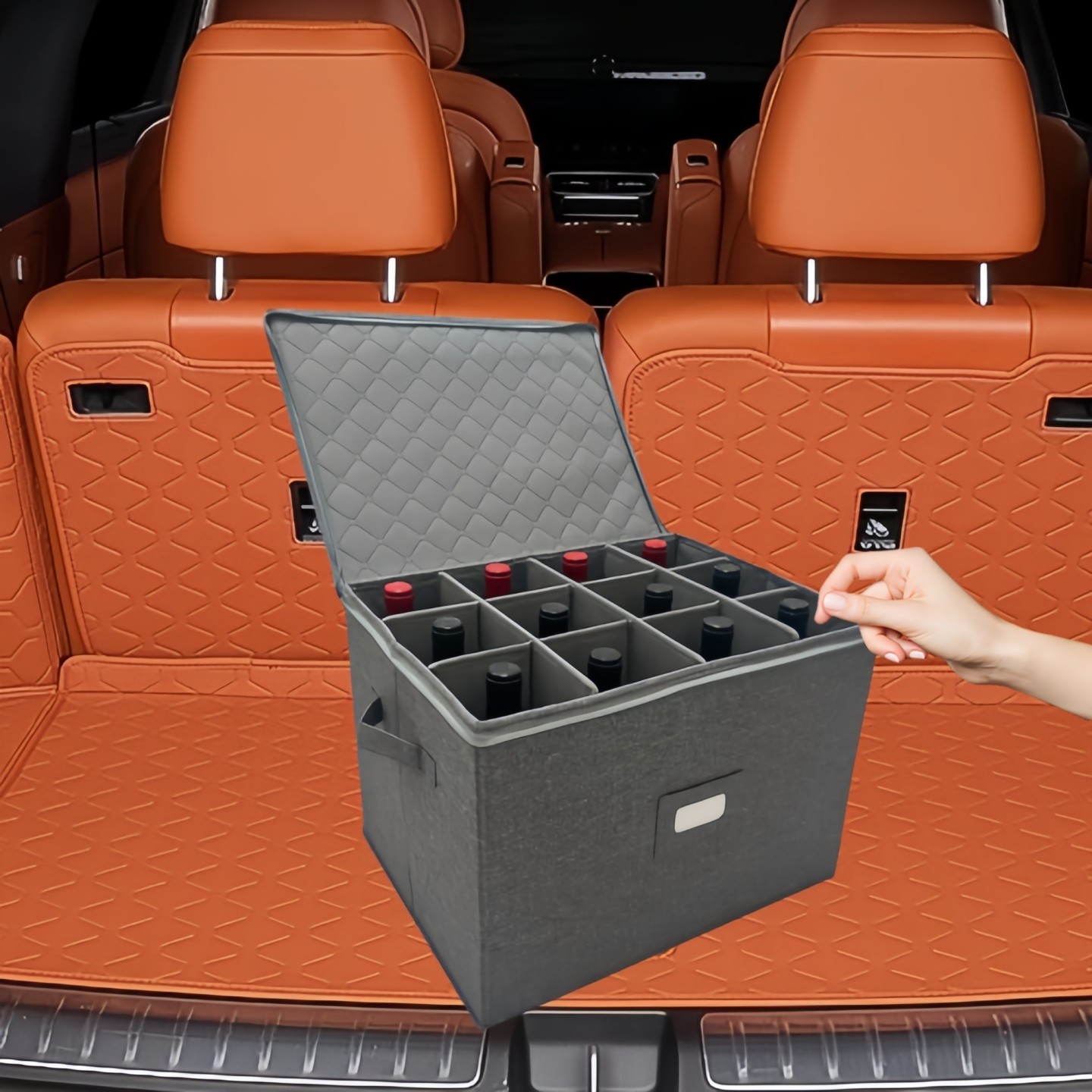 车载红酒杯收纳盒防尘可折叠12格高脚红酒带盖子可携式后备箱收纳