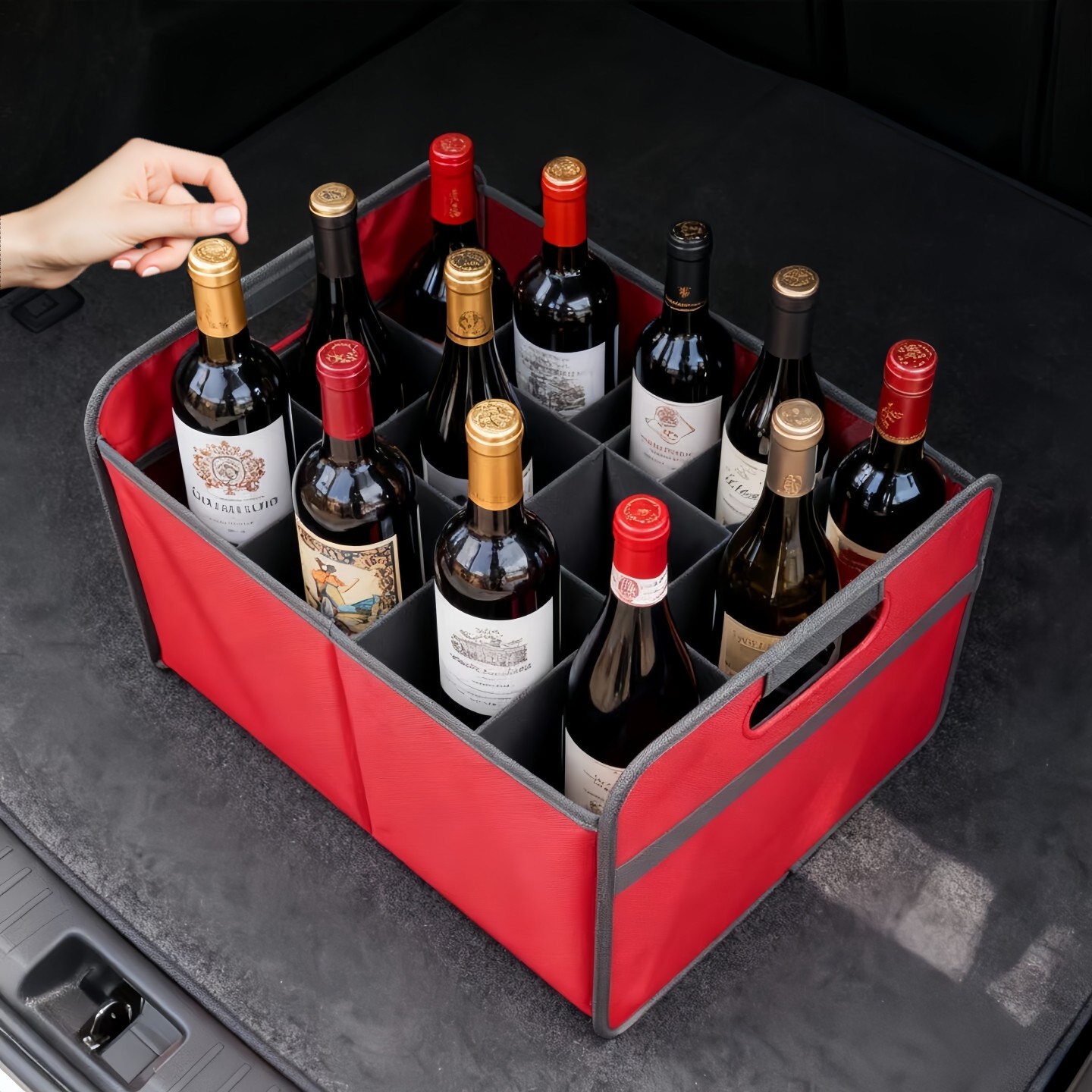 汽车后备箱红酒收纳袋车载葡萄酒储物盒尾箱饮料酒杯矿泉水整理箱