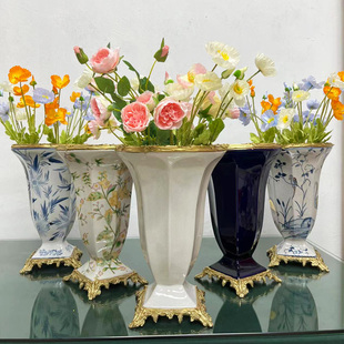 美式 家居饰品客厅玄关 手绘冰裂纹陶瓷配铜花瓶花器大号 欧式 摆件