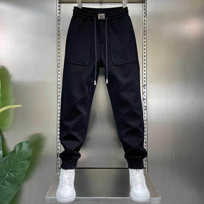 潮牌2525春季新款男士裤子时尚提花束脚哈伦裤简约百搭黑色休闲裤