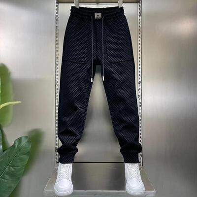 潮牌2525春季新款男士裤子时尚提花束脚哈伦裤简约百搭黑色休闲裤