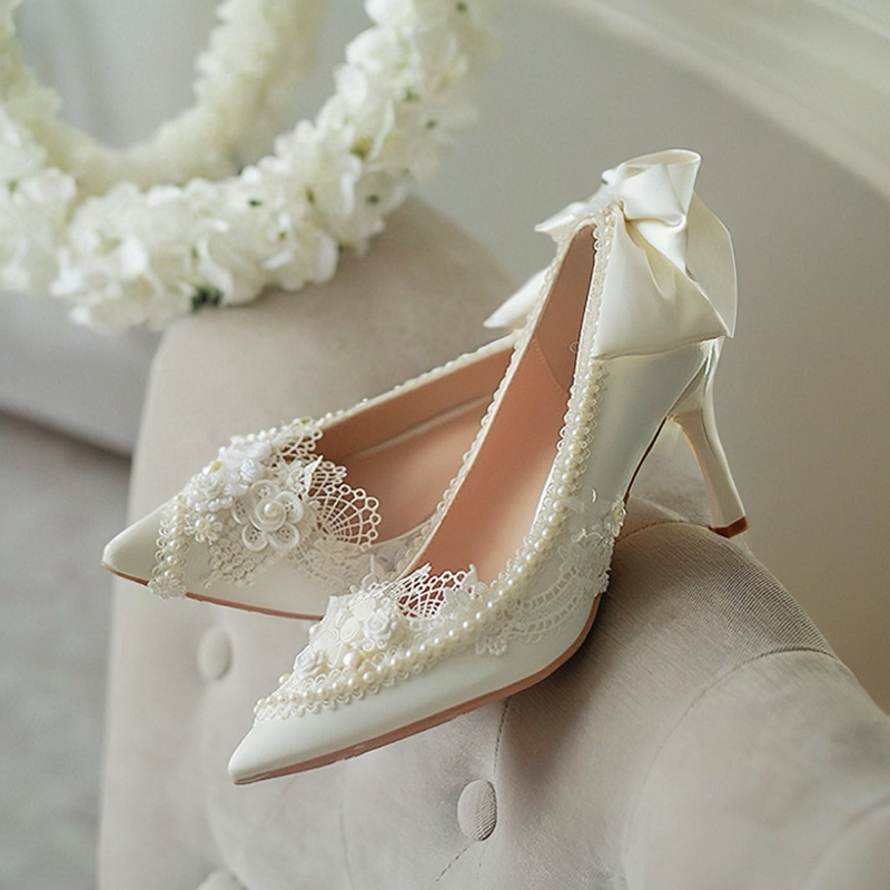 六芒星lolita白色绸缎面高跟婚鞋