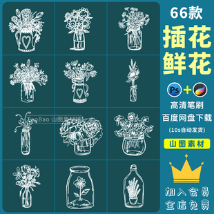 ps笔刷手绘花瓶花朵花束植物鲜花插花花艺装饰线稿procreate笔刷