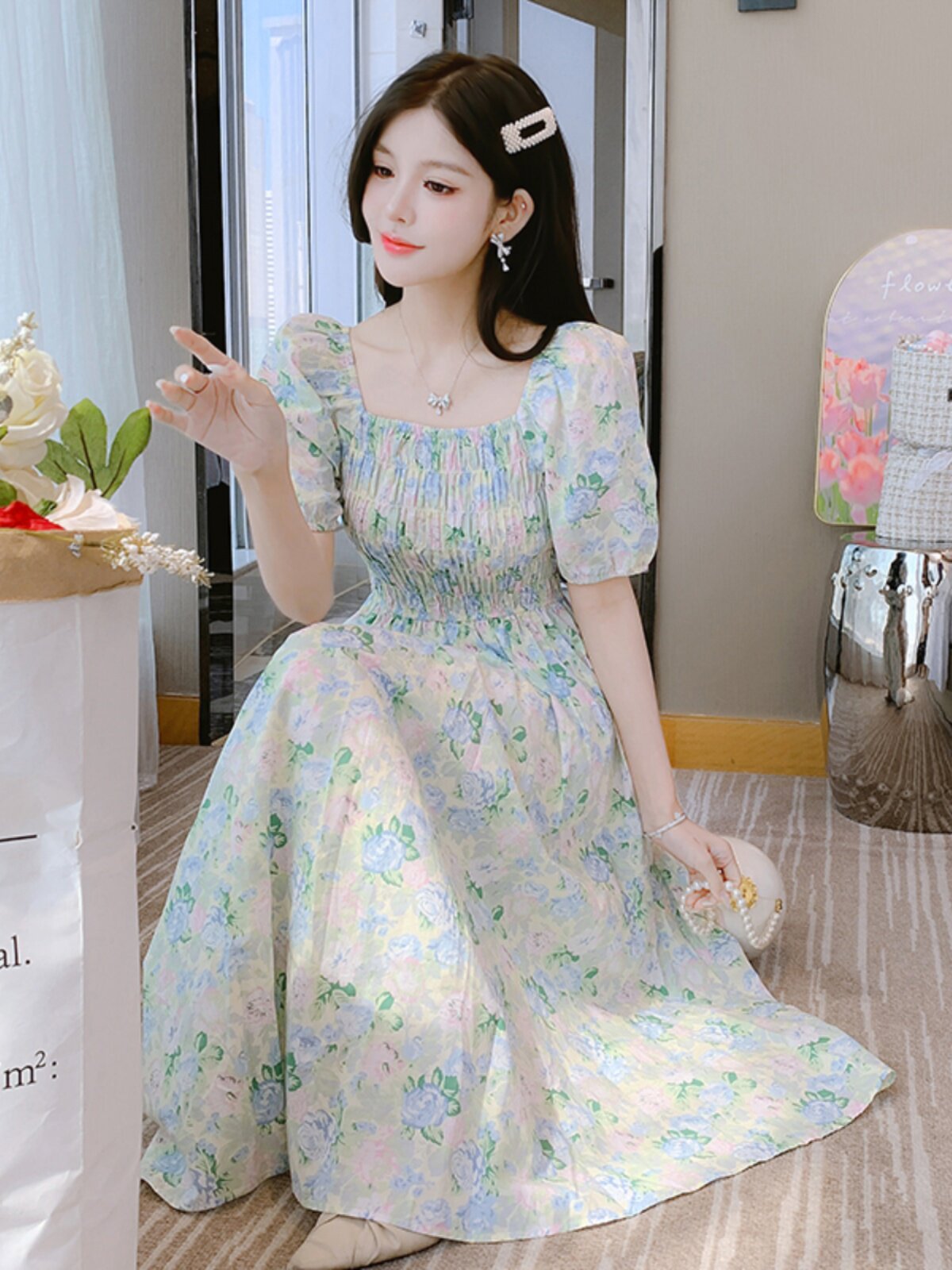 FRENCH SQUARE NECK FLORAL DRESS WOMENS 2024 SUMMER NEW GENTLE STYLE HIGH-WAISTED TEMPERAMENT HIGH-END SLIM SKIRT