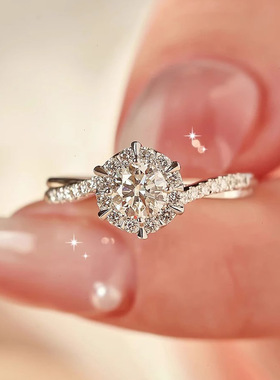 新款1克拉仿莫桑石星织戒指 八心八箭锆石白金色扭臂设计求婚钻戒