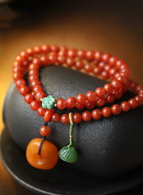 天然南红玛瑙佛珠5mm三圈手链原创DIY女款搭配蜜蜡平安扣吊坠简约