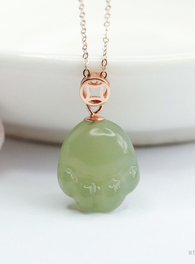 S925银镶天然和田玉吊坠湖水绿猫爪项链女猫爪吊坠原创设计女款