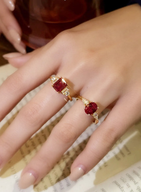 复古经典拟真红宝石公主方戒指鸽子蛋中国红轻奢镀金钻戒女指环