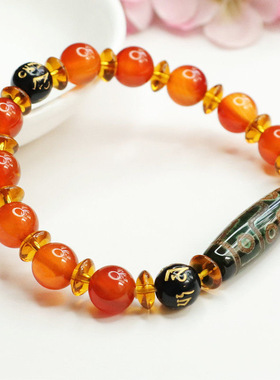 天珠手串红玛瑙六字真言玉髓手链六合手链天然桶珠天然红玛瑙