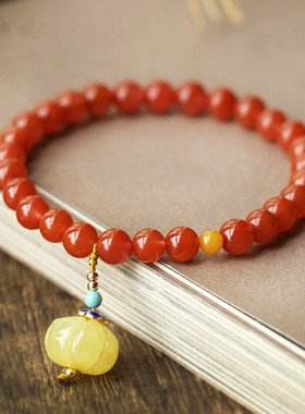 南红凉山樱桃红单圈手链南红配蜜蜡南瓜吊坠手串小清新时尚款