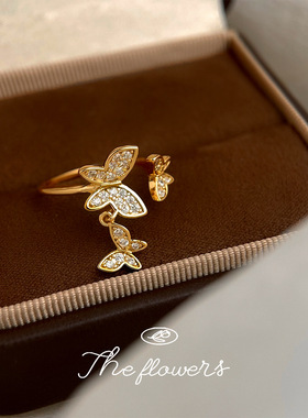 显气质微镶锆石镀真金高保色蝴蝶戒指开口可调节指环高级感优雅女