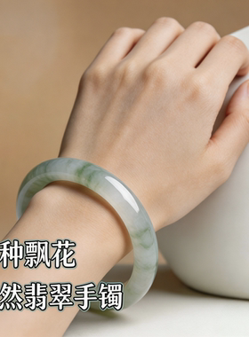 天然新疆天山翠雪翠冰种飘花玉手镯女新品手镯正品玉石镯子真玉
