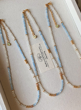新中式天然海蓝宝天河石串珠白水晶项链女新款夏季彩色锁骨链颈链