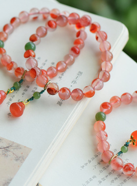 南红玛瑙桃梨冰飘荔枝冻手链约8mm单圈DIY女款糖果色简约饰品