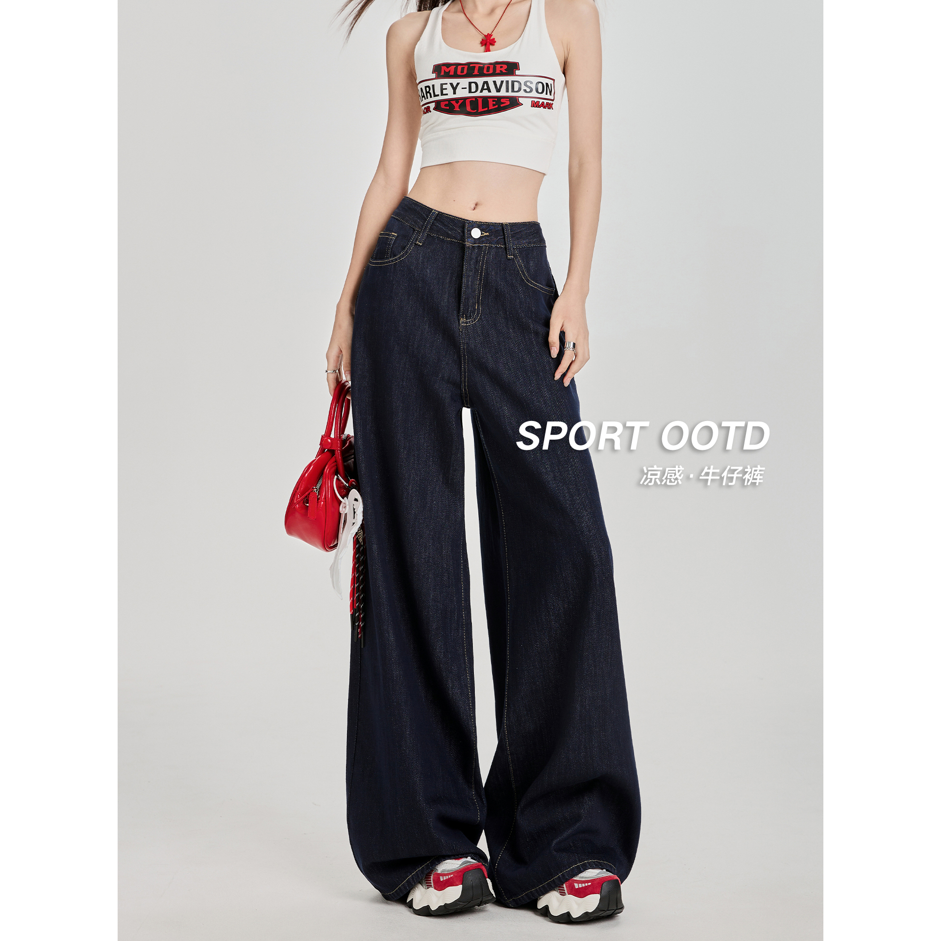 实拍丹宁蓝牛仔裤女秋冬季2025新款高腰直筒宽松复古美式阔腿裤子