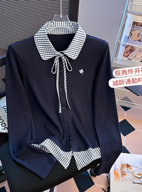 实拍格子拼接假两件长袖T恤女2025新款韩系修身百搭小个子上衣