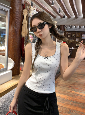 实拍白色显瘦背心吊带女秋季猫爪印花蝴蝶结韩系修身短款上衣