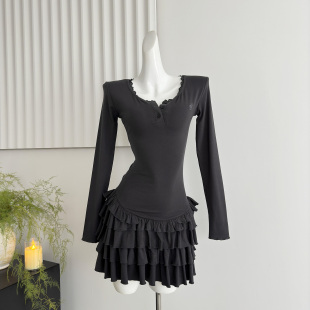 NECY 修身荷叶边连衣裙 温柔风正肩长袖假两件拼接U型腰头设计女