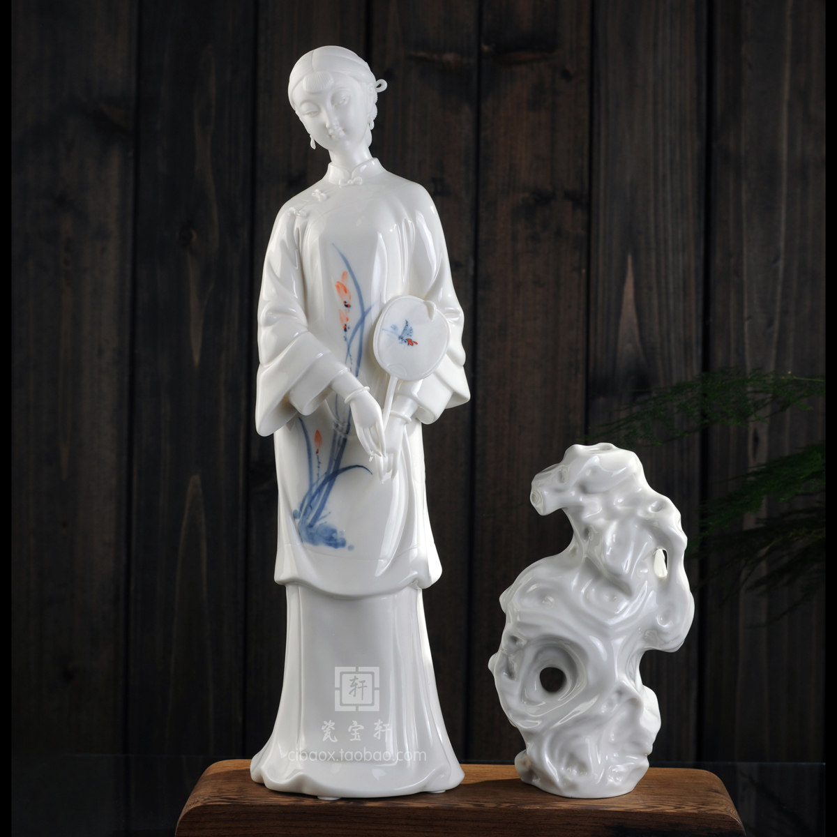 幽兰 德化陶瓷中式古典仕女美女人物太湖石雕塑 家居办公工艺摆件