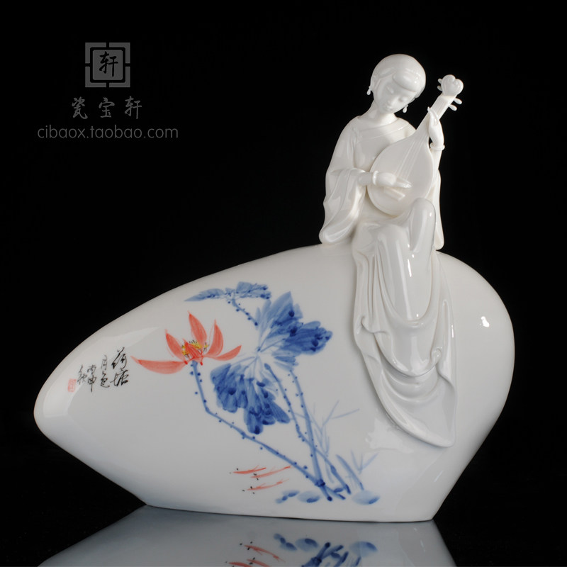 德化陶瓷白瓷明清古典美仕女人物摆件弹琵琶手绘荷花荷塘月色
