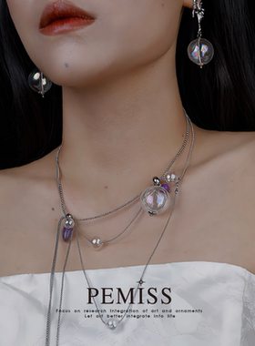 PEMISS玻璃球毛衣链叠带长项链吊坠轻奢小众配饰女海边配饰度假风