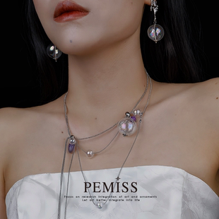 PEMISS玻璃球毛衣链叠带长项链吊坠轻奢小众配饰女海边配饰度假风