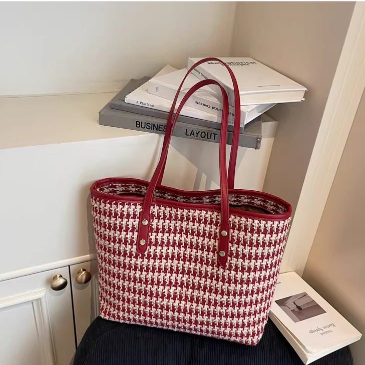 气质通勤千鸟格帆布托特包2025新款大容量拉链绣线婚包休闲妈咪包