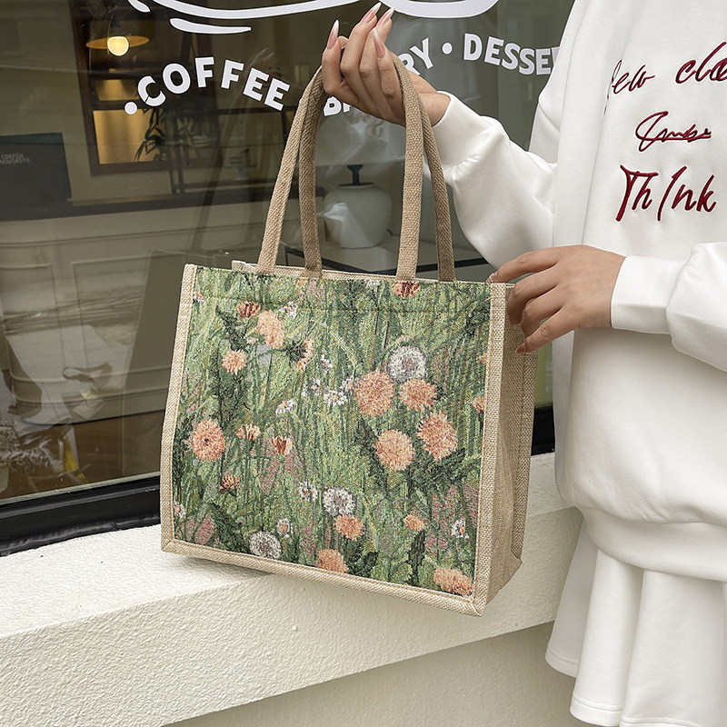 森系油画风编织亚麻包通勤托特包