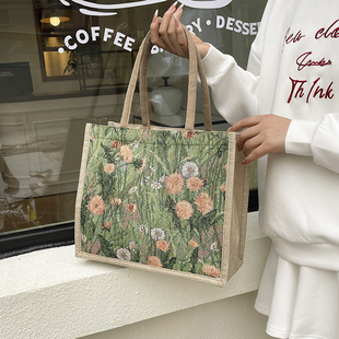 森系油画风编织亚麻包2025新款轻复古通勤托特包手提单肩包妈咪包