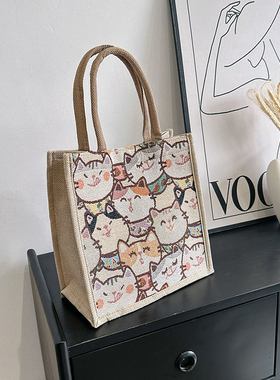 可爱小猫咪托特包2025新款轻复古卡通手提袋饭盒包帆布拼接亚麻包