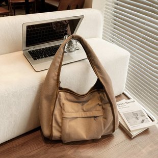 森系文艺慵懒风条绒托特包2025新款 大容量休闲通勤单肩大包妈咪包