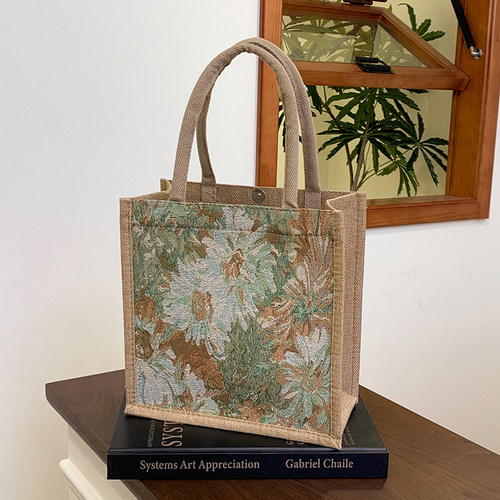 花卉托特包森系编织亚麻包妈咪包