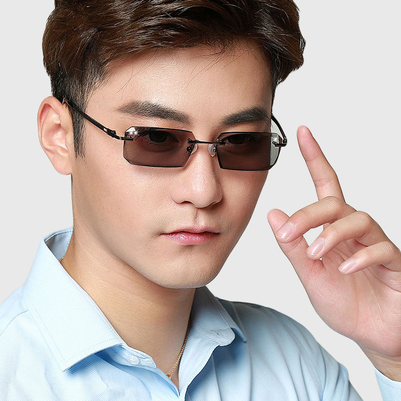 无框变色眼镜男切边镶钻近视太阳镜成品眼镜框架防辐射墨镜58140