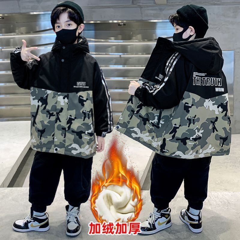 儿童冬季棉衣中大童加绒加厚外套男童棉服时尚韩版男孩迷彩上衣潮